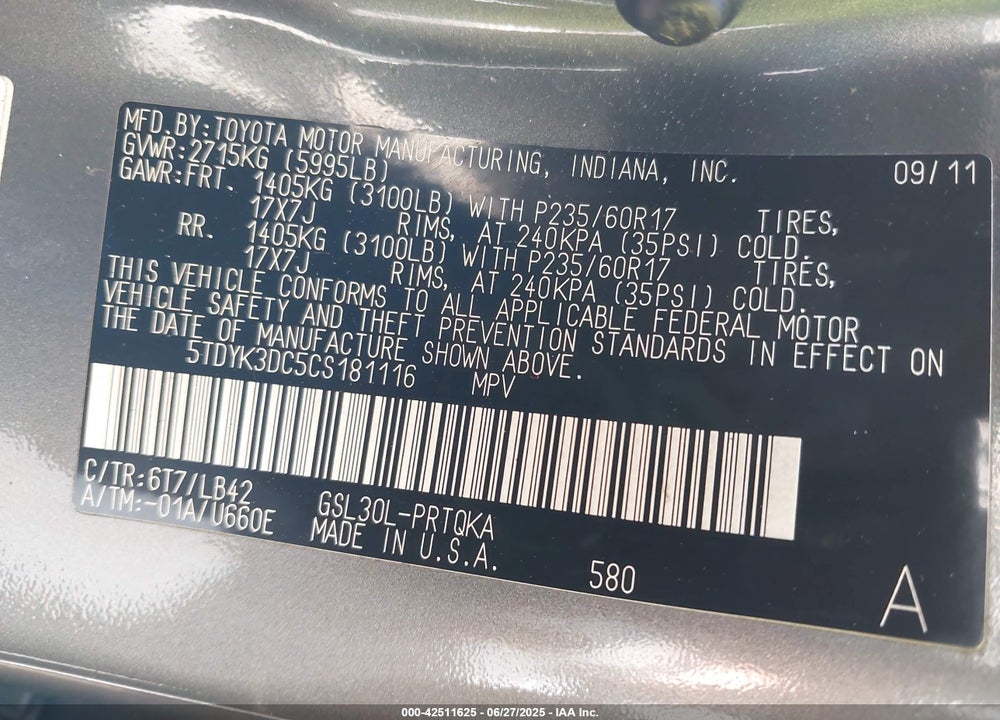 2012 TOYOTA SIENNA XLE V6 8 PASSENGER VIN: 5TDYK3DC5CS181116