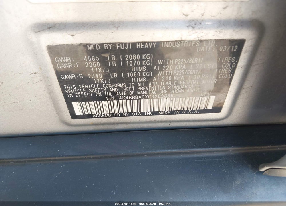 2012 SUBARU OUTBACK VIN: 4S4BRBACXC3269866