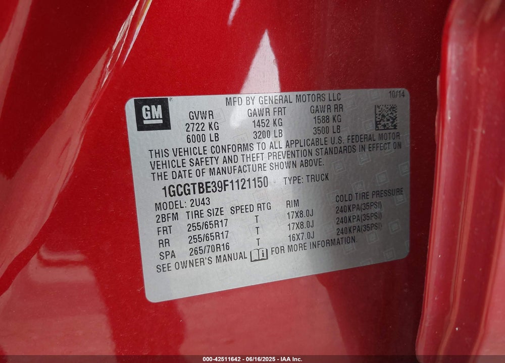 2015 CHEVROLET COLORADO VIN: 1GCGTBE39F1121150