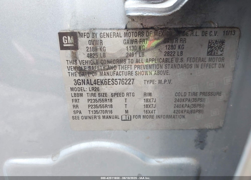 2014 CHEVROLET CAPTIVA SPORT LTZ VIN: 3GNAL4EK6ES576227