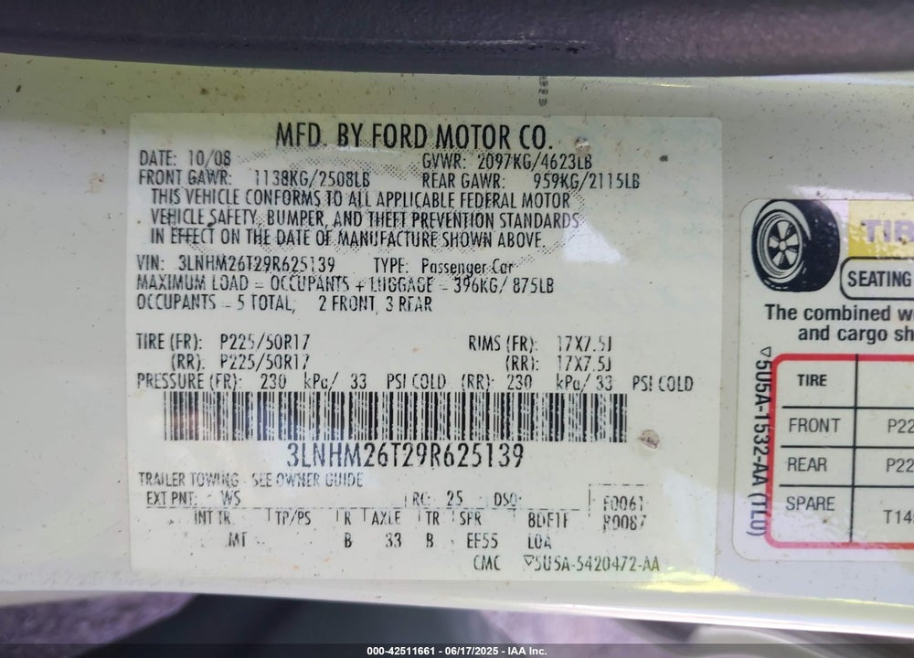 2009 LINCOLN MKZ VIN: 3LNHM26T29R625139