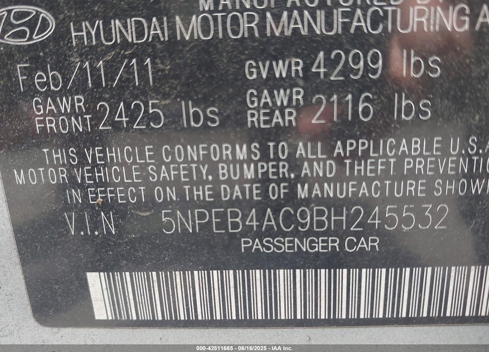 2011 HYUNDAI SONATA VIN: 5NPEB4AC9BH245532