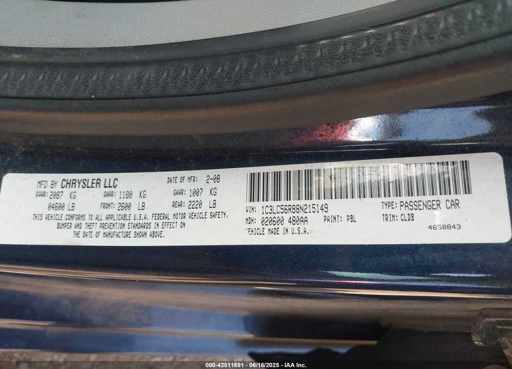 2008 CHRYSLER SEBRING VIN: 1C3LC56R88N215149