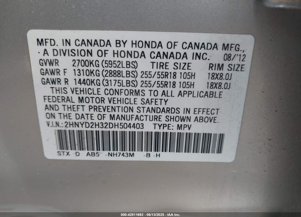 2013 ACURA MDX VIN: 2HNYD2H32DH504403