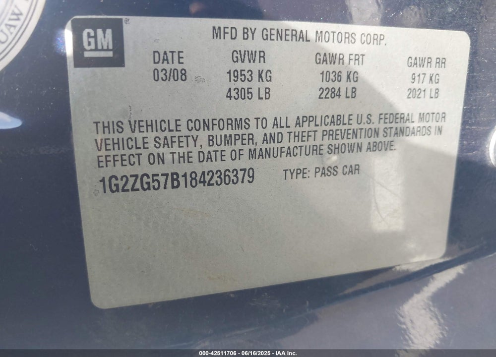 2008 PONTIAC G6 VIN: 1G2ZG57B184236379