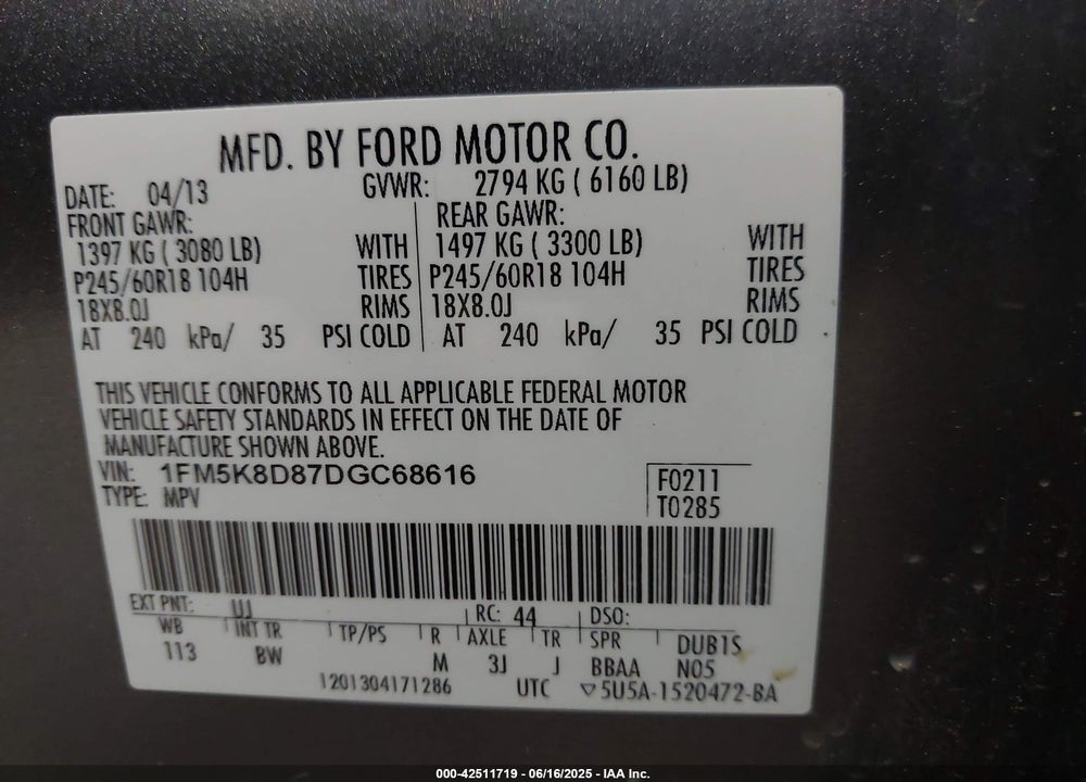 2013 FORD EXPLORER XLT VIN: 1FM5K8D87DGC68616