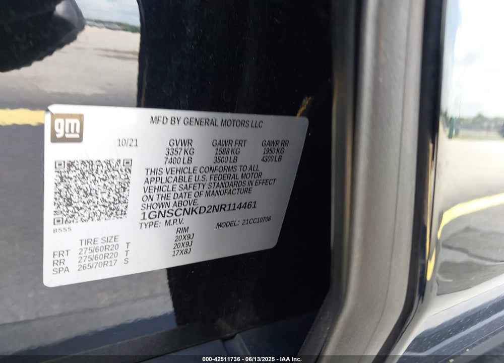 2022 CHEVROLET TAHOE VIN: 1GNSCNKD2NR114461
