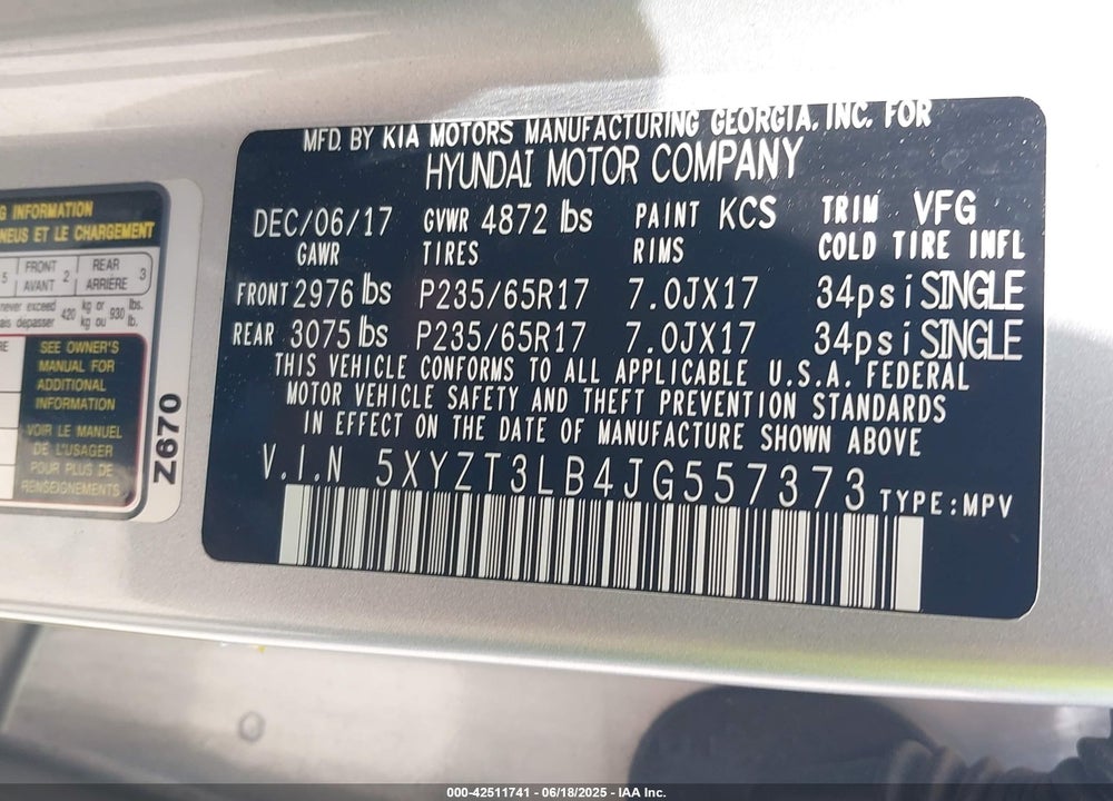 2018 HYUNDAI SANTA FE SPORT 2.4L VIN: 5XYZT3LB4JG557373