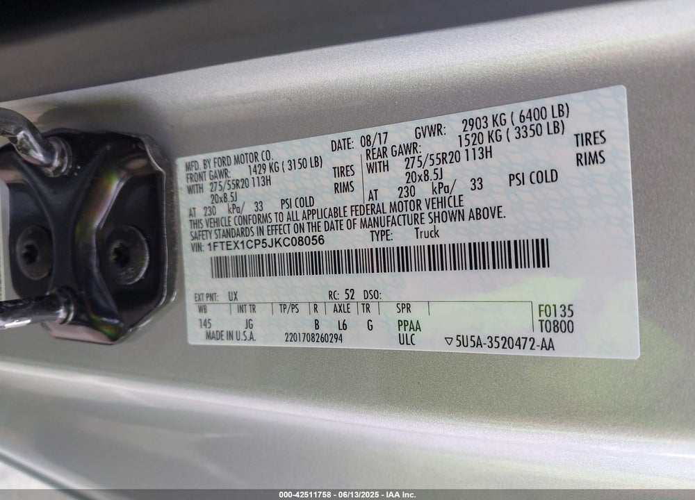 2018 FORD F-150 VIN: 1FTEX1CP5JKC08056