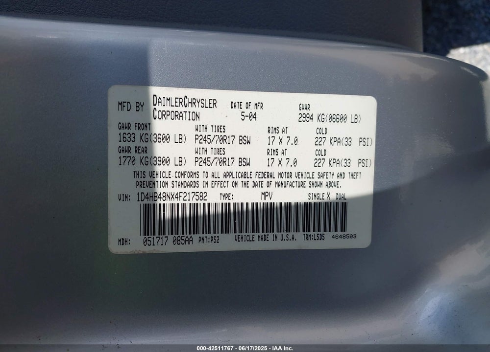 2004 DODGE DURANGO VIN: 1D4HB48NX4F217582