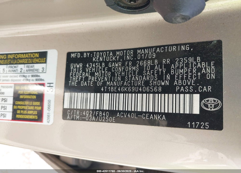 2009 TOYOTA CAMRY LE VIN: 4T1BE46K69U406568