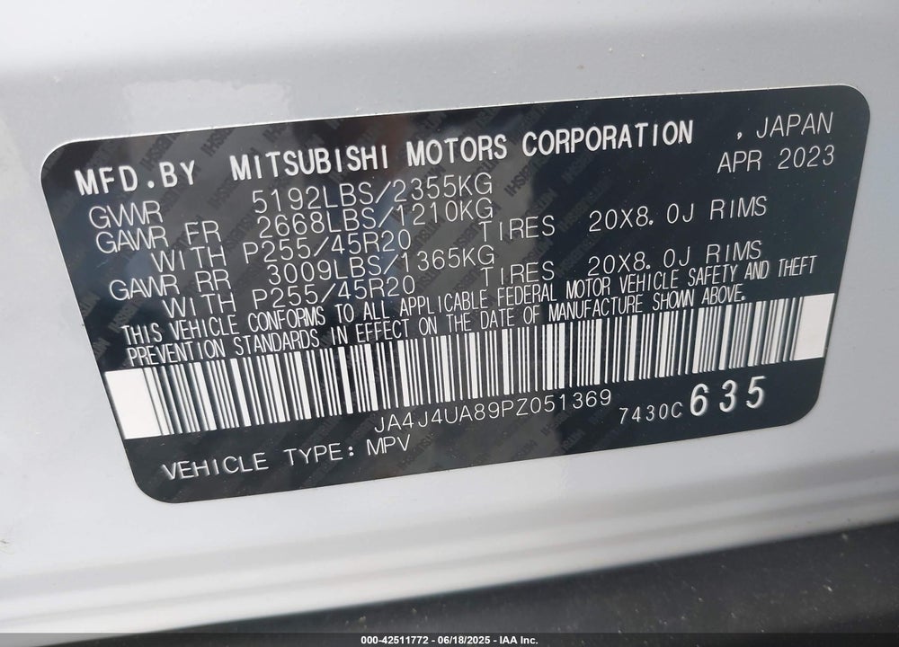2023 MITSUBISHI OUTLANDER VIN: JA4J4UA89PZ051369