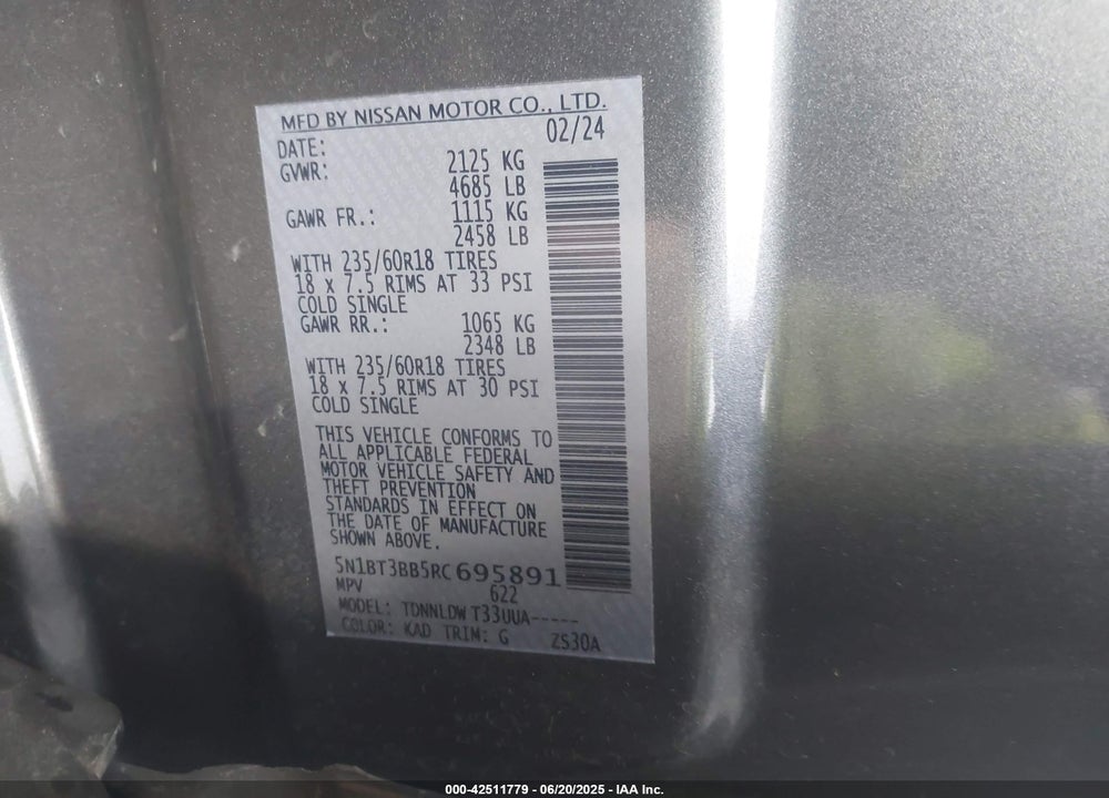 2024 NISSAN ROGUE VIN: 5N1BT3BB5RC695891