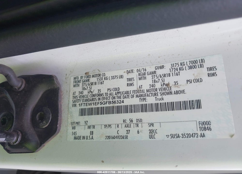 2016 FORD F-150 VIN: 1FTEW1EF5GFB56324