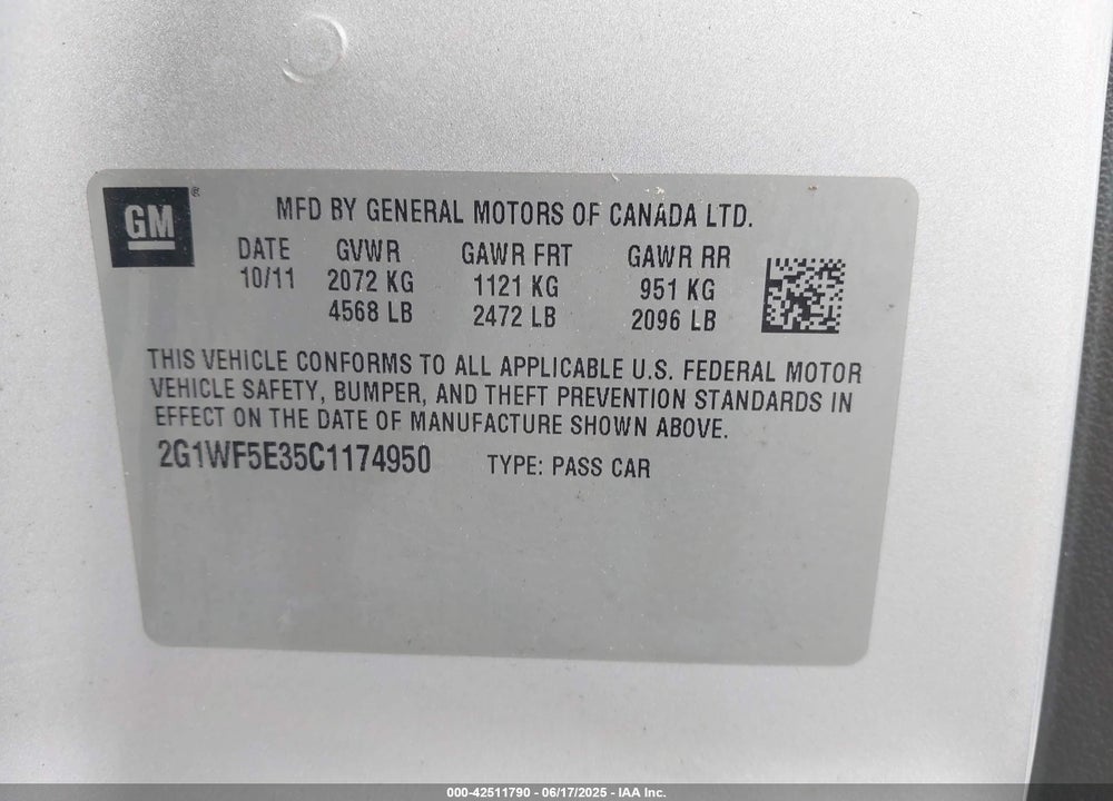 2012 CHEVROLET IMPALA LS VIN: 2G1WF5E35C1174950