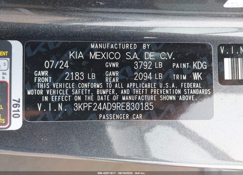 2024 KIA FORTE LXS VIN: 3KPF24AD9RE830185