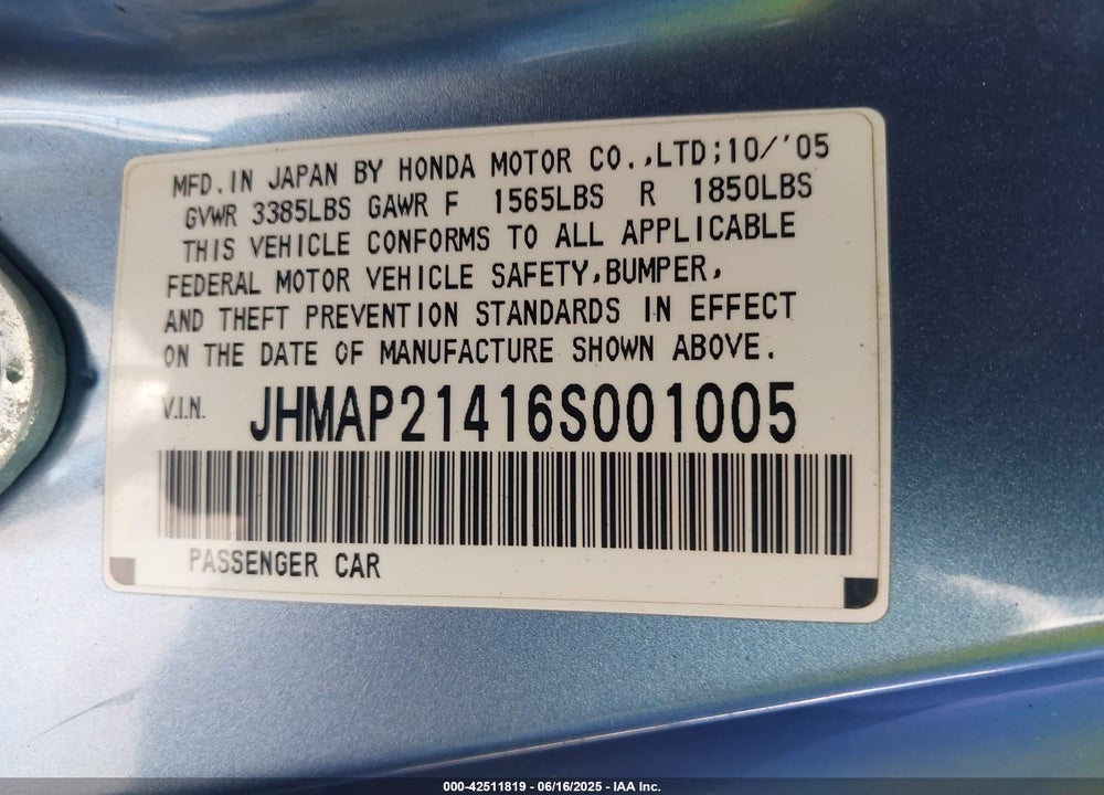 2006 HONDA S2000 VIN: JHMAP21416S001005