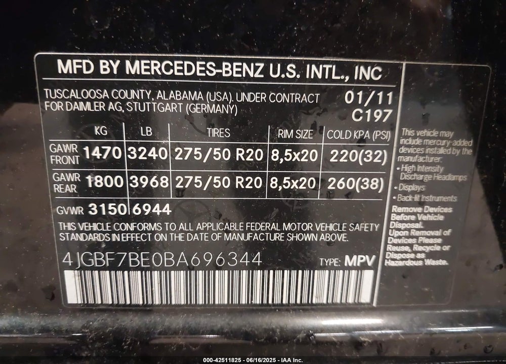 2011 MERCEDES-BENZ GL-CLASS VIN: 4JGBF7BE0BA696344
