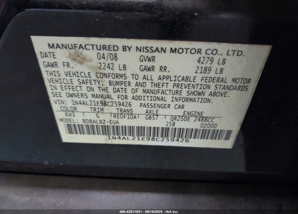 2008 NISSAN ALTIMA 2.5 S VIN: 1N4AL21E98C259426