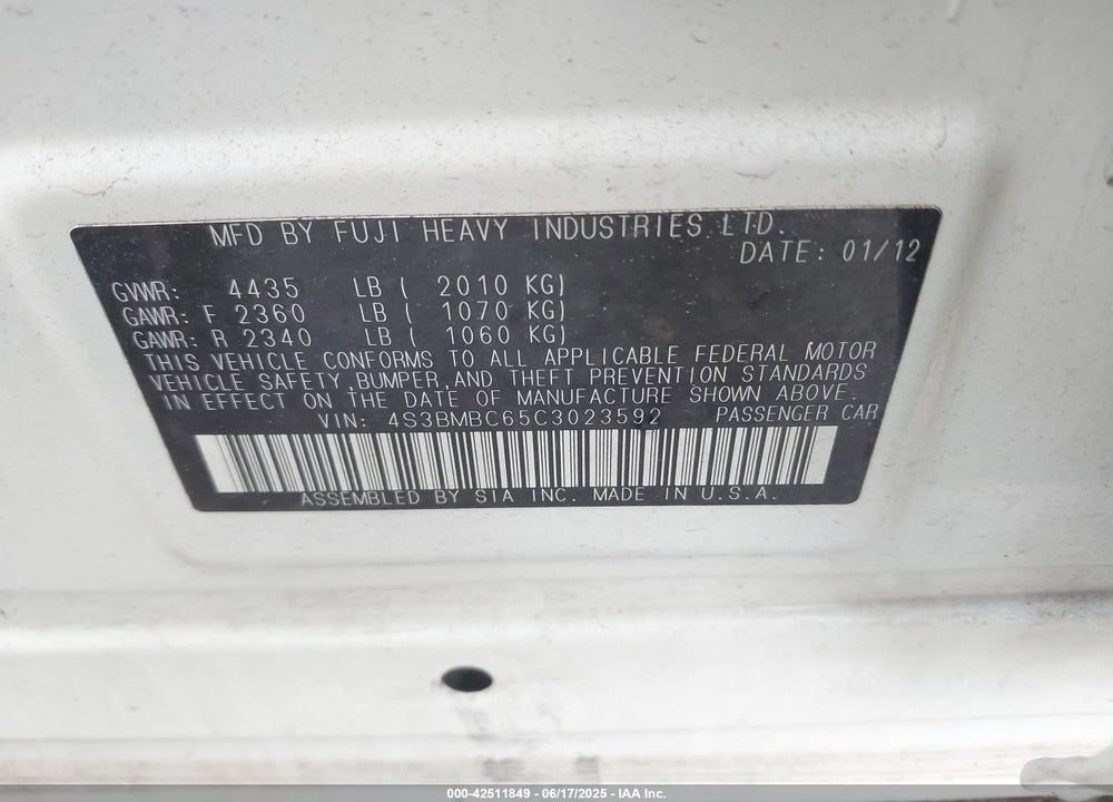 2012 SUBARU LEGACY 2.5I PREMIUM VIN: 4S3BMBC65C3023592