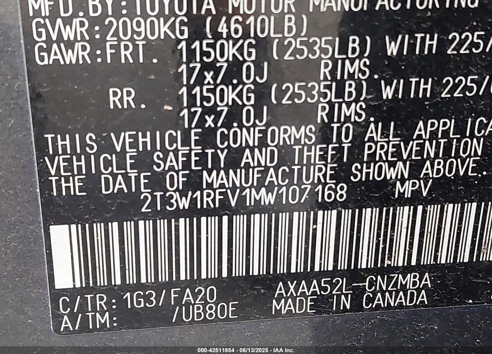 2021 TOYOTA RAV4 VIN: 2T3W1RFV1MW107168