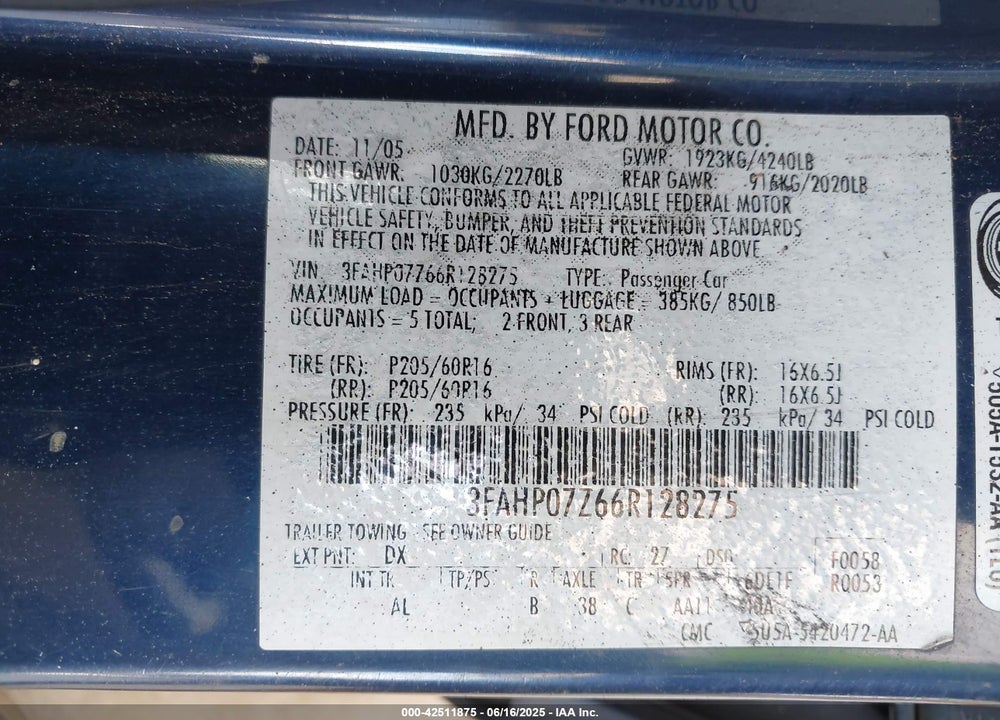 2006 FORD FUSION SE VIN: 3FAHP07Z66R128275