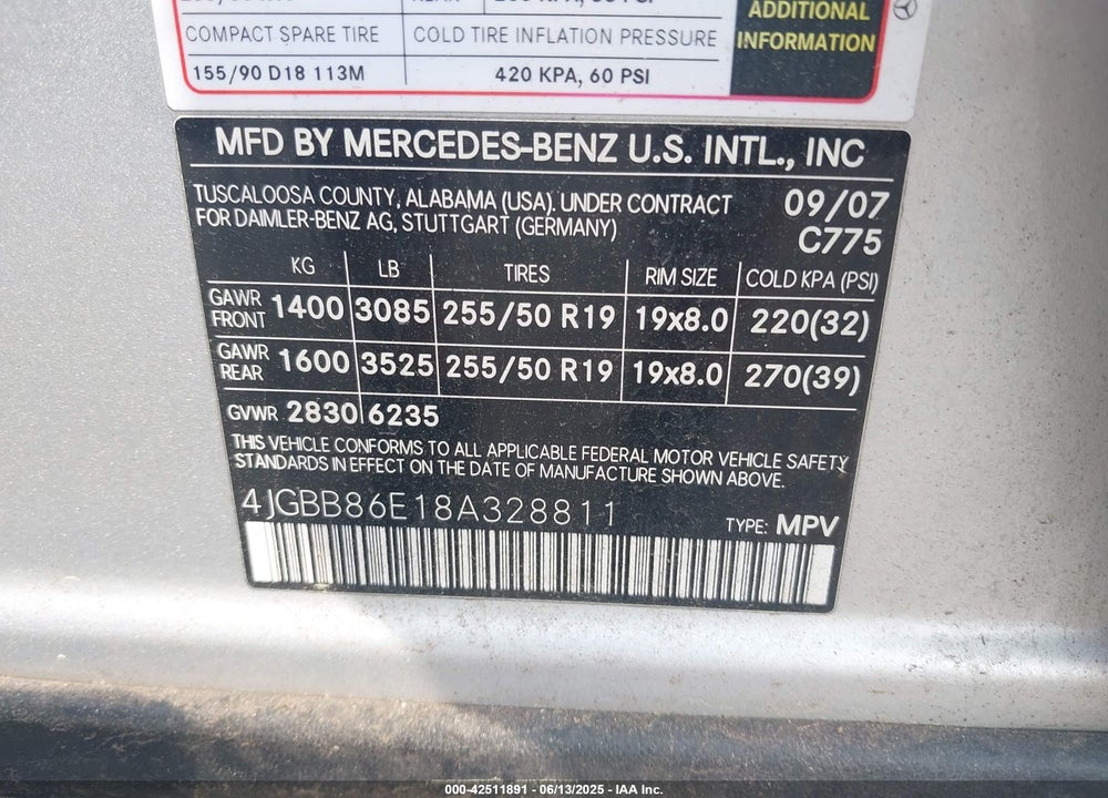 2008 MERCEDES-BENZ ML 350 VIN: 4JGBB86E18A328811