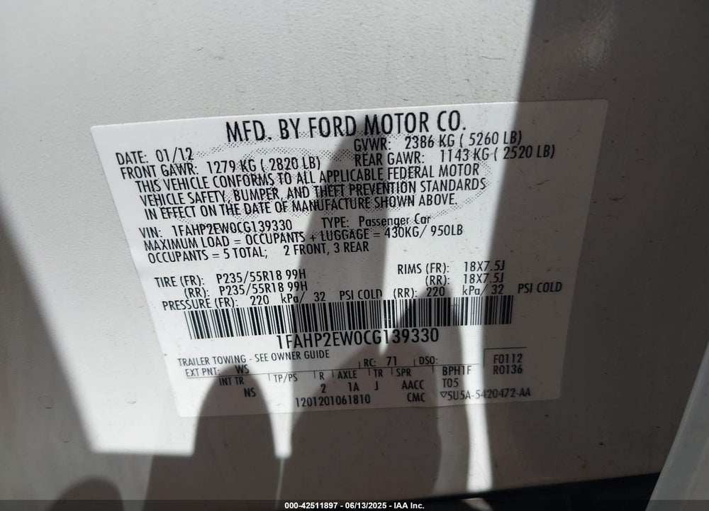 2012 FORD TAURUS SEL VIN: 1FAHP2EW0CG139330