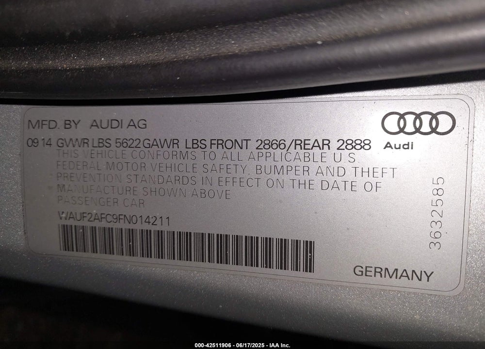2015 AUDI S6 VIN: WAUF2AFC9FN014211