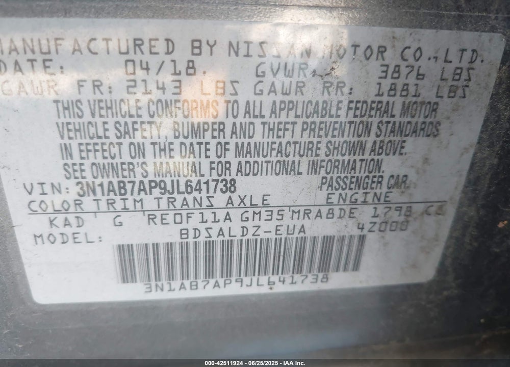 2018 NISSAN SENTRA VIN: 3N1AB7AP9JL641738