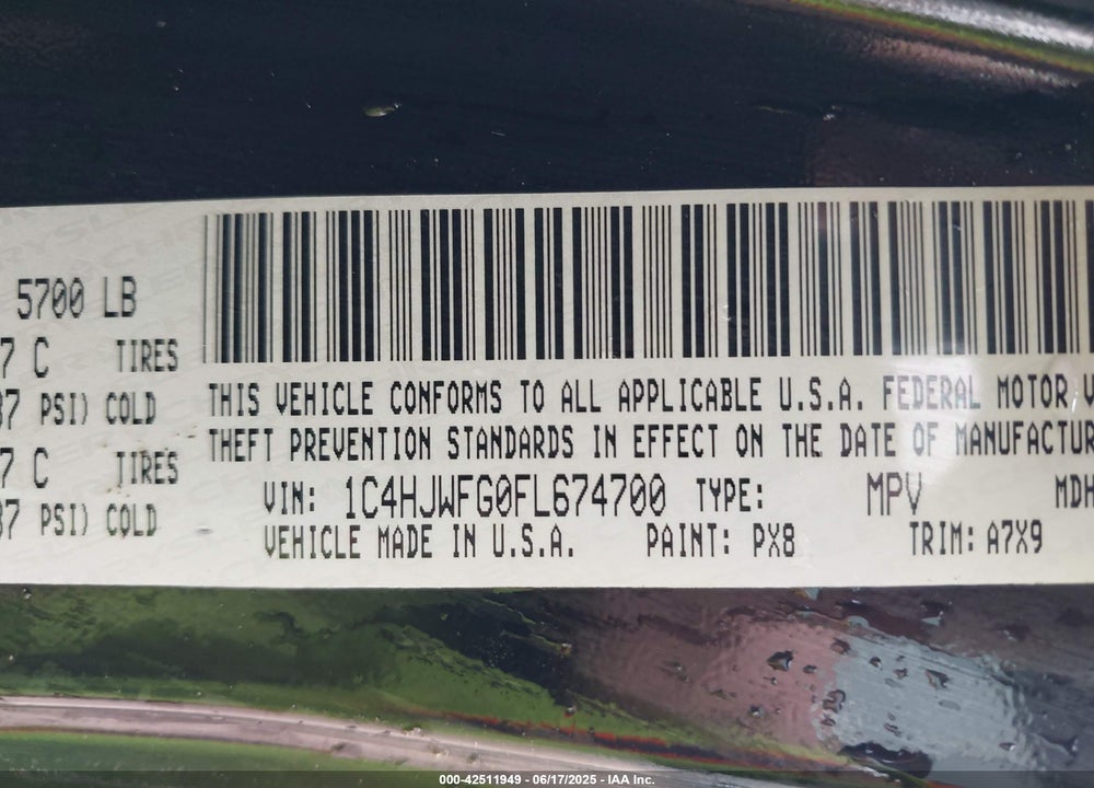 2015 JEEP WRANGLER UNLIMITED VIN: 1C4HJWFG0FL674700