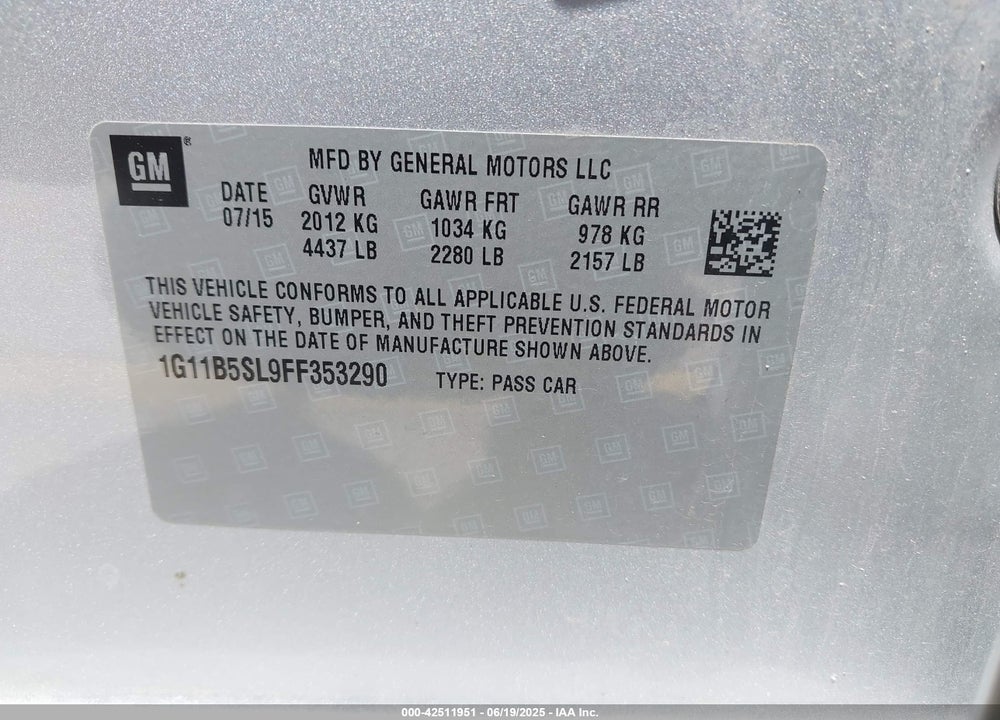2015 CHEVROLET MALIBU VIN: 1G11B5SL9FF353290
