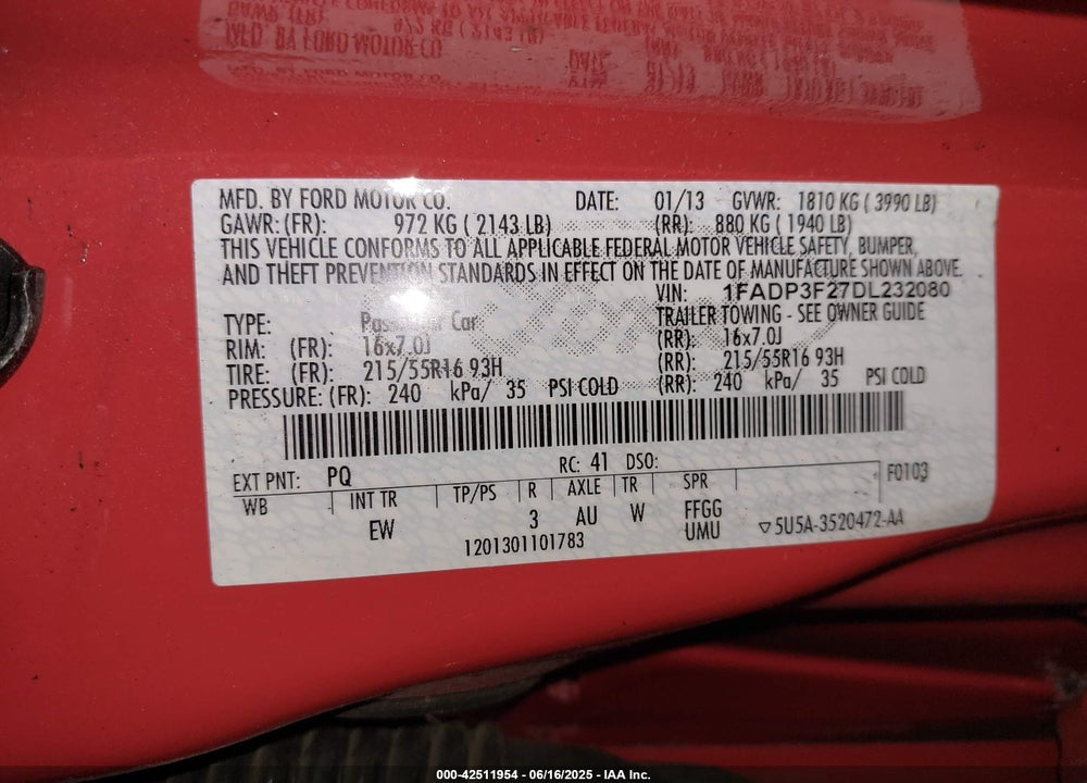 2013 FORD FOCUS VIN: 1FADP3F27DL232080