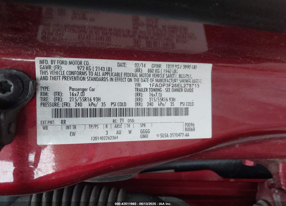 2014 FORD FOCUS VIN: 1FADP3F26EL278713