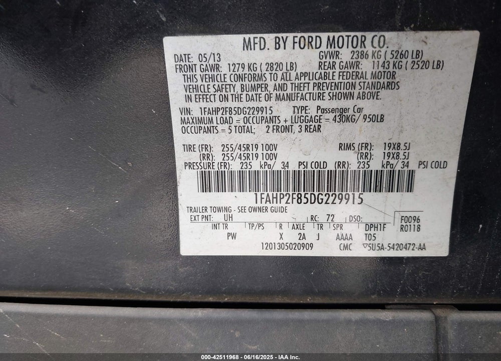 2013 FORD TAURUS VIN: 1FAHP2F85DG229915