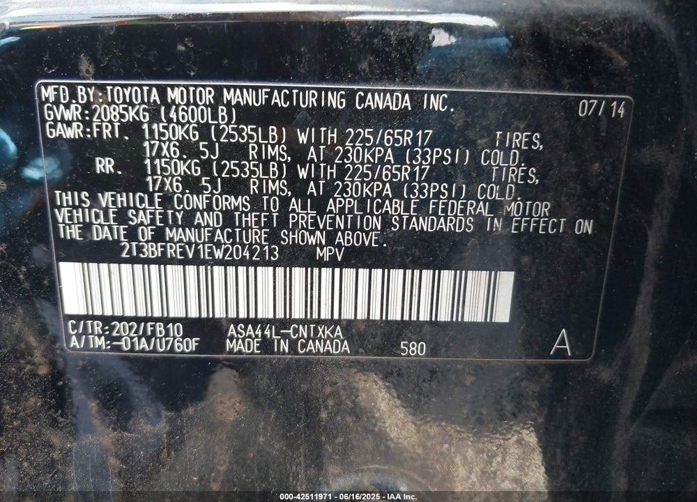 2014 TOYOTA RAV4 VIN: 2T3BFREV1EW204213