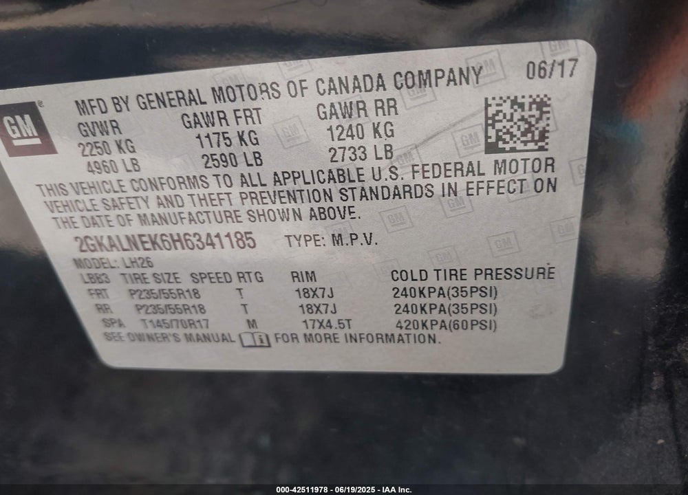 2017 GMC TERRAIN SLE-2 VIN: 2GKALNEK6H6341185