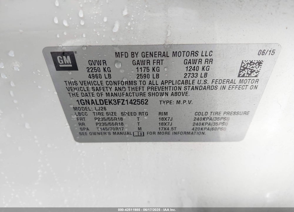 2015 CHEVROLET EQUINOX VIN: 1GNALDEK3FZ142562