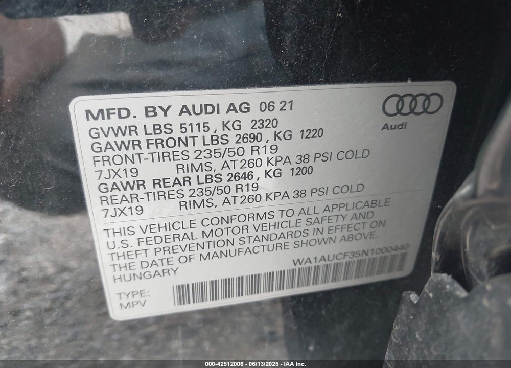 2022 AUDI Q3 VIN: WA1AUCF35N1000440