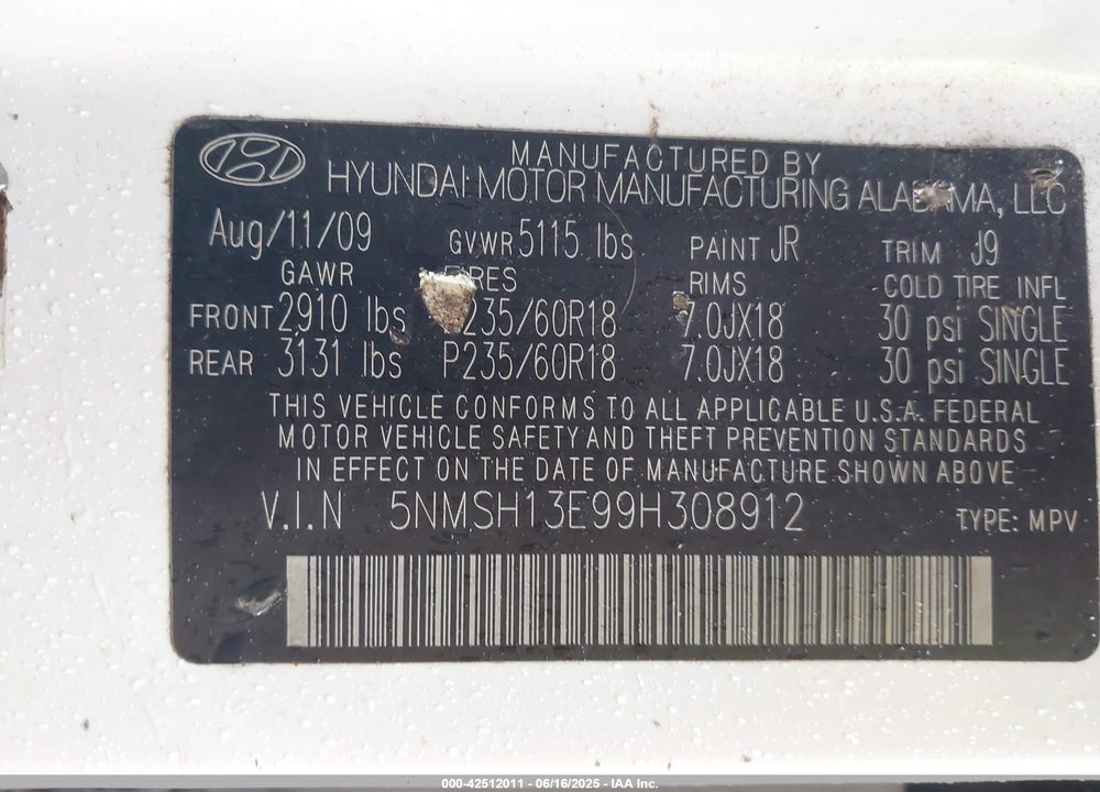2009 HYUNDAI SANTA FE VIN: 5NMSH13E99H308912