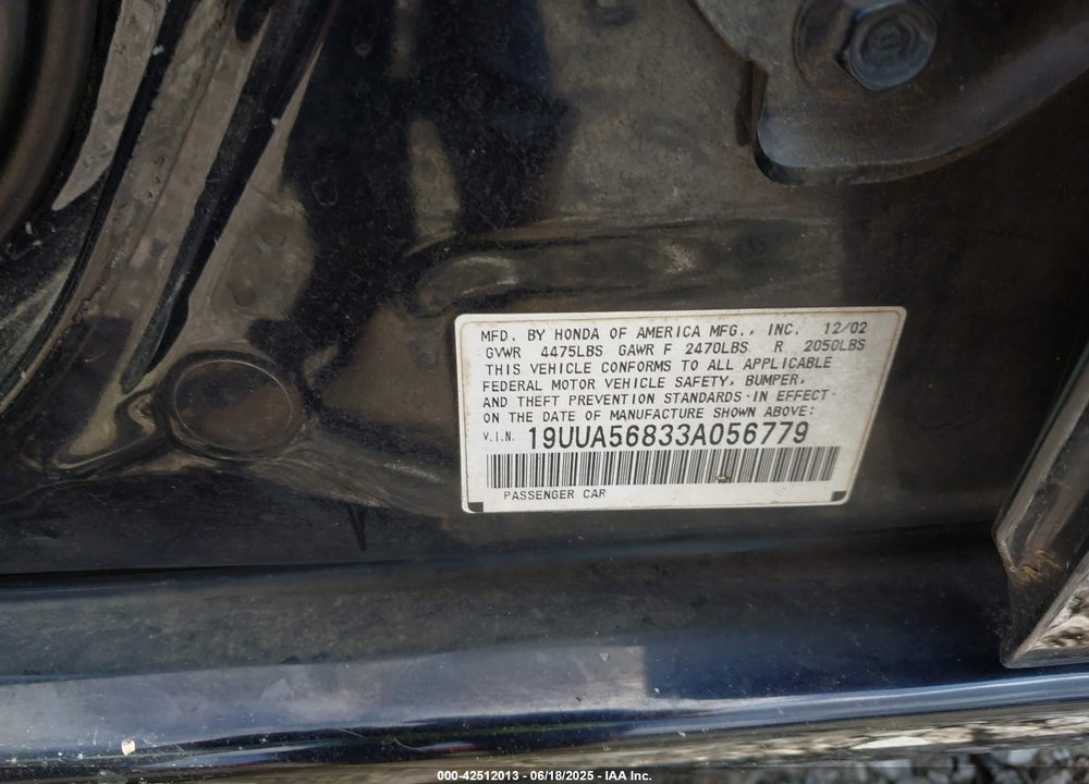 2003 ACURA TL 3.2 TYPE S VIN: 19UUA56833A056779
