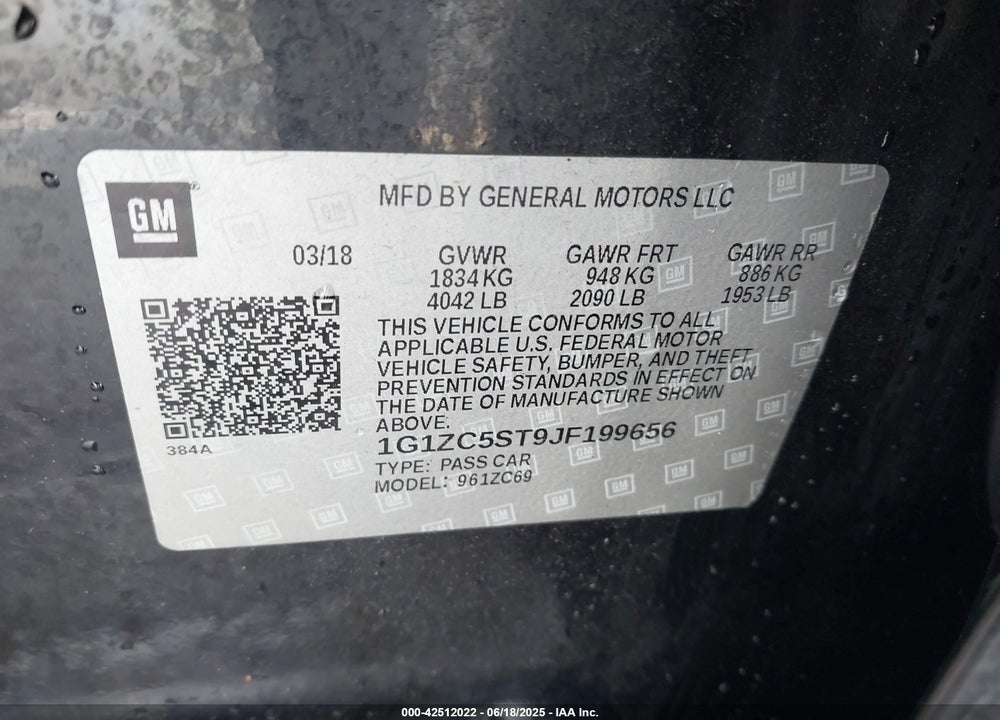 2018 CHEVROLET MALIBU VIN: 1G1ZC5ST9JF199656