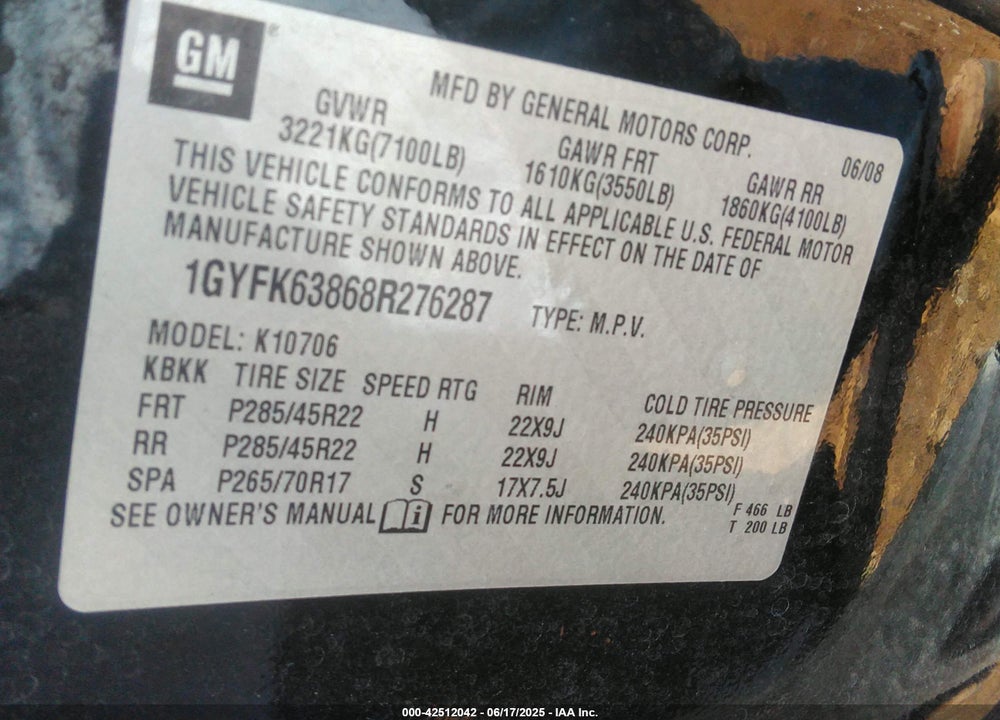 2008 CADILLAC ESCALADE VIN: 1GYFK63868R276287