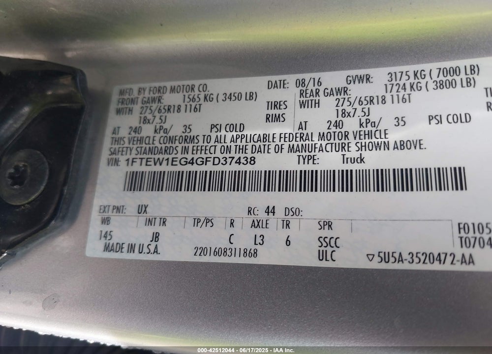 2016 FORD F-150 VIN: 1FTEW1EG4GFD37438