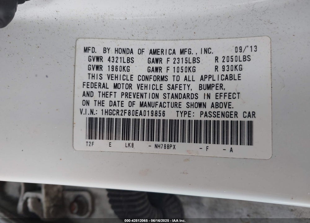 2014 HONDA ACCORD VIN: 1HGCR2F80EA019856