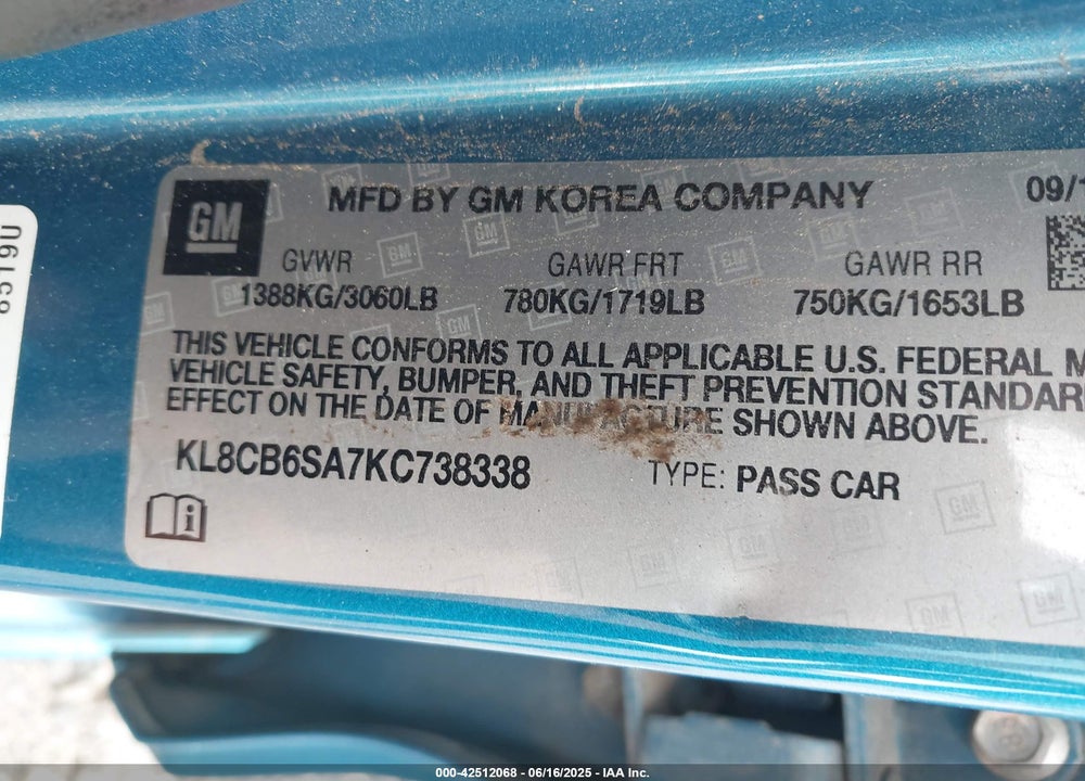 2019 CHEVROLET SPARK VIN: KL8CB6SA7KC738338