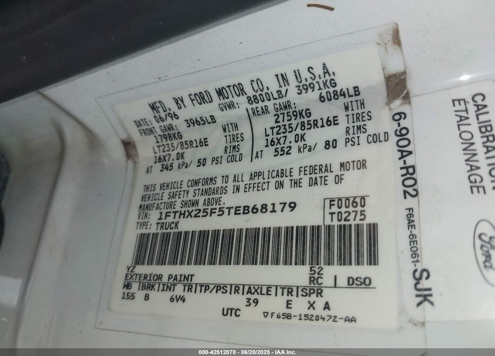 1996 FORD F250 VIN: 1FTHX25F5TEB68179