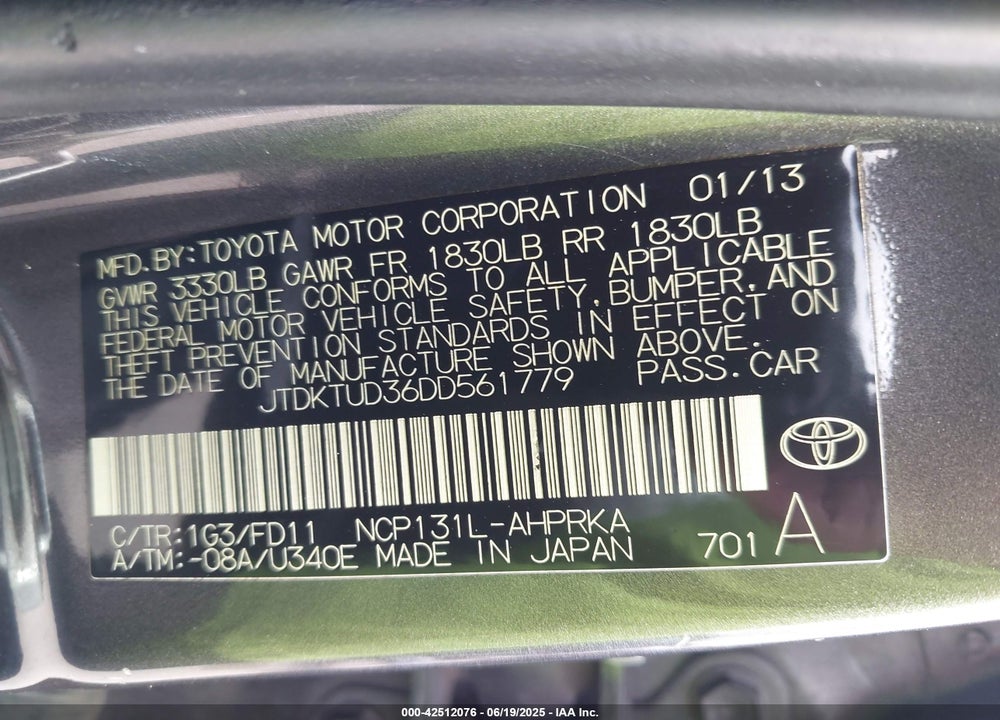 2013 TOYOTA YARIS SE VIN: JTDKTUD36DD561779