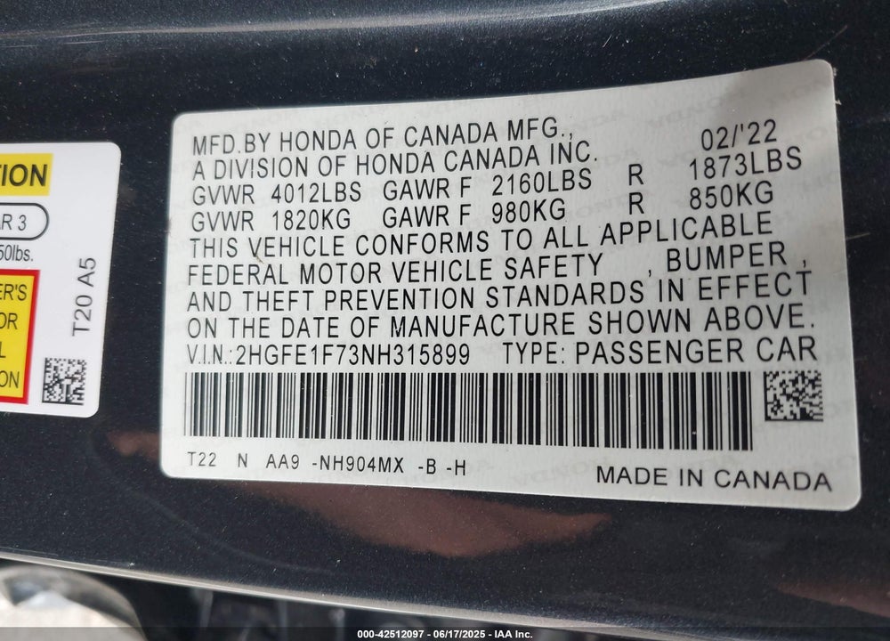 2022 HONDA CIVIC VIN: 2HGFE1F73NH315899