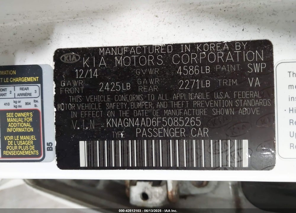 2015 KIA OPTIMA HYBRID EX VIN: KNAGN4AD6F5085265